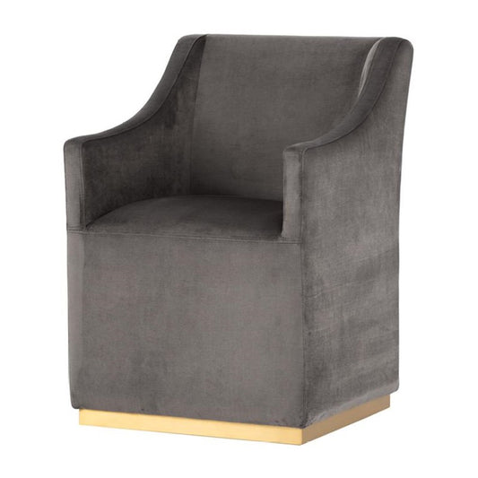 Gray Fabric & Brushed Brass Accents Wheeled Dining Chair Armchair