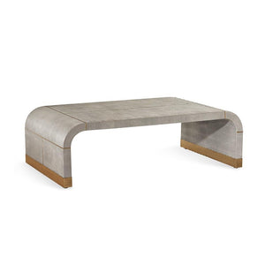 Gray Faux Shagreen Curved Waterfall Rectangle Coffee Table Brushed Brass Trim 53 inch