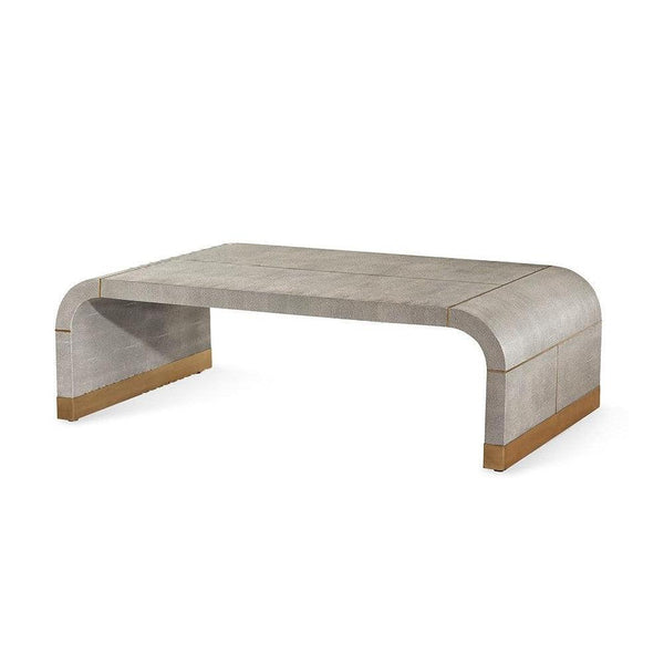 Gray Faux Shagreen Curved Waterfall Rectangle Coffee Table Brushed Brass Trim 53 inch