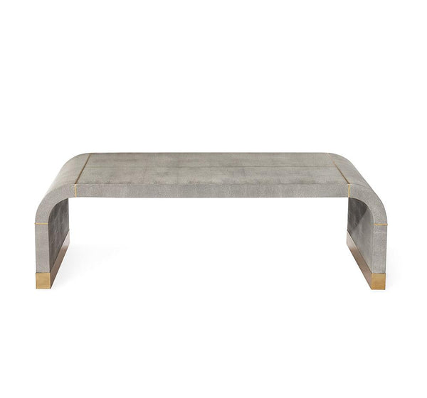 Gray Faux Shagreen Curved Waterfall Rectangle Coffee Table Brushed Brass Trim 53 inch