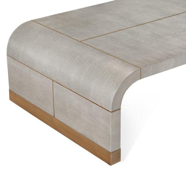 Gray Faux Shagreen Curved Waterfall Rectangle Coffee Table Brushed Brass Trim 53 inch