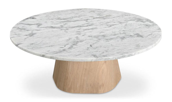 Gray & White Marble Top Light Oak Pedestal Round Coffee Table 42 inch