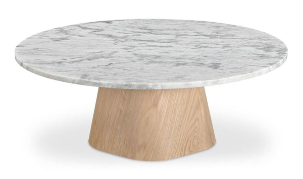 Gray & White Marble Top Light Oak Pedestal Round Coffee Table 42 inch