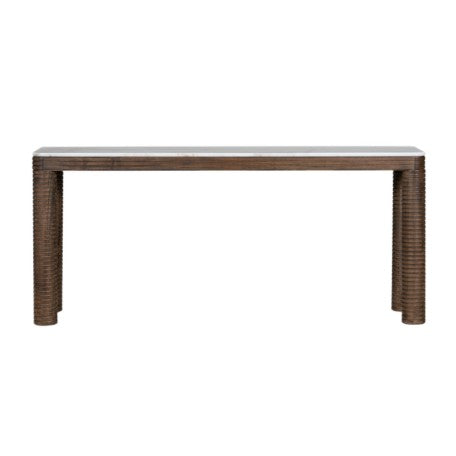 Grecian White Marble & Brown Oak Wood Ribbed Cylindrical Leg Console Table 72 inch