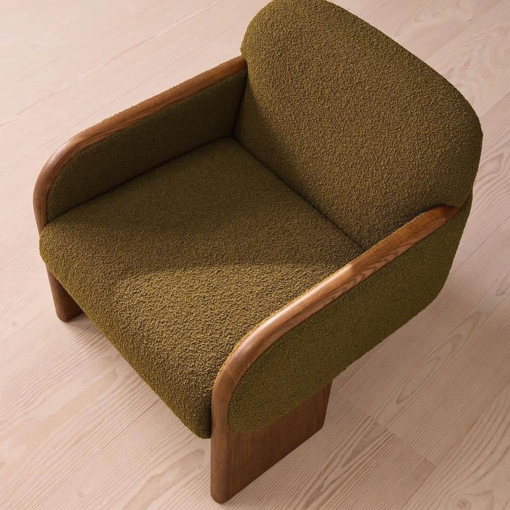 Green Textured Wool Boucle Fabric Curved Back Oak Wood Accent Lounge Chair