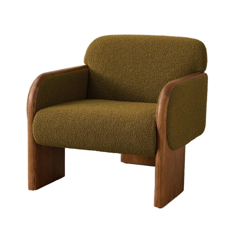 Green Textured Wool Boucle Fabric Curved Back Oak Wood Accent Lounge Chair