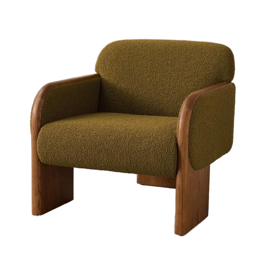 Green Textured Wool Boucle Fabric Curved Back Oak Wood Accent Lounge Chair