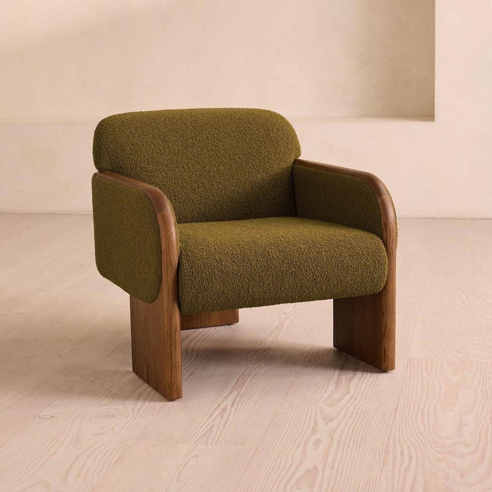 Green Textured Wool Boucle Fabric Curved Back Oak Wood Accent Lounge Chair
