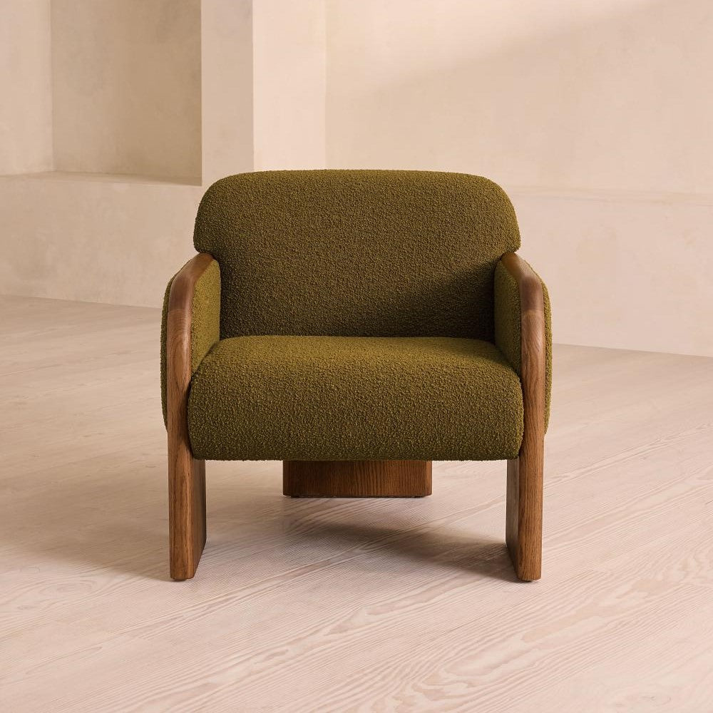 Green Textured Wool Boucle Fabric Curved Back Oak Wood Accent Lounge Chair