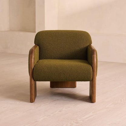 Green Textured Wool Boucle Fabric Curved Back Oak Wood Accent Lounge Chair