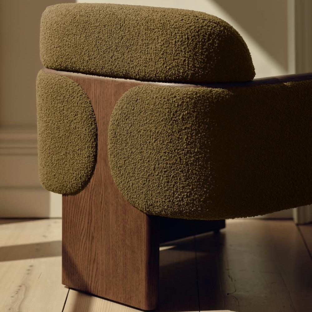 Green Textured Wool Boucle Fabric Curved Back Oak Wood Accent Lounge Chair