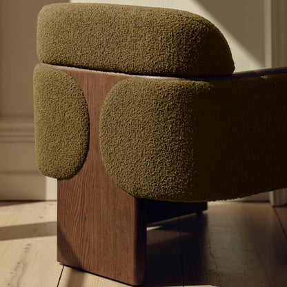 Green Textured Wool Boucle Fabric Curved Back Oak Wood Accent Lounge Chair