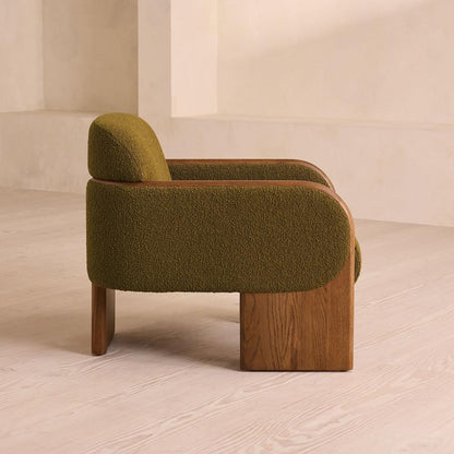 Green Textured Wool Boucle Fabric Curved Back Oak Wood Accent Lounge Chair