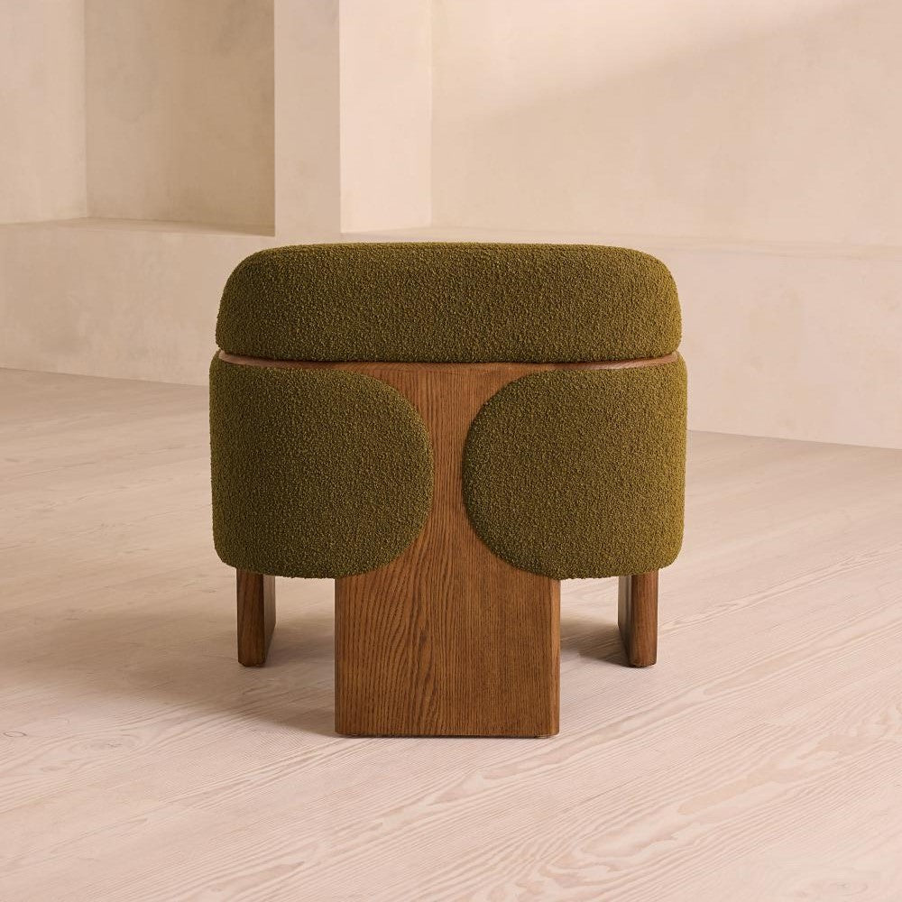 Green Textured Wool Boucle Fabric Curved Back Oak Wood Accent Lounge Chair