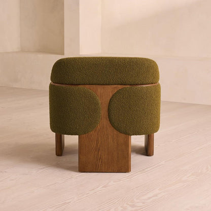 Green Textured Wool Boucle Fabric Curved Back Oak Wood Accent Lounge Chair