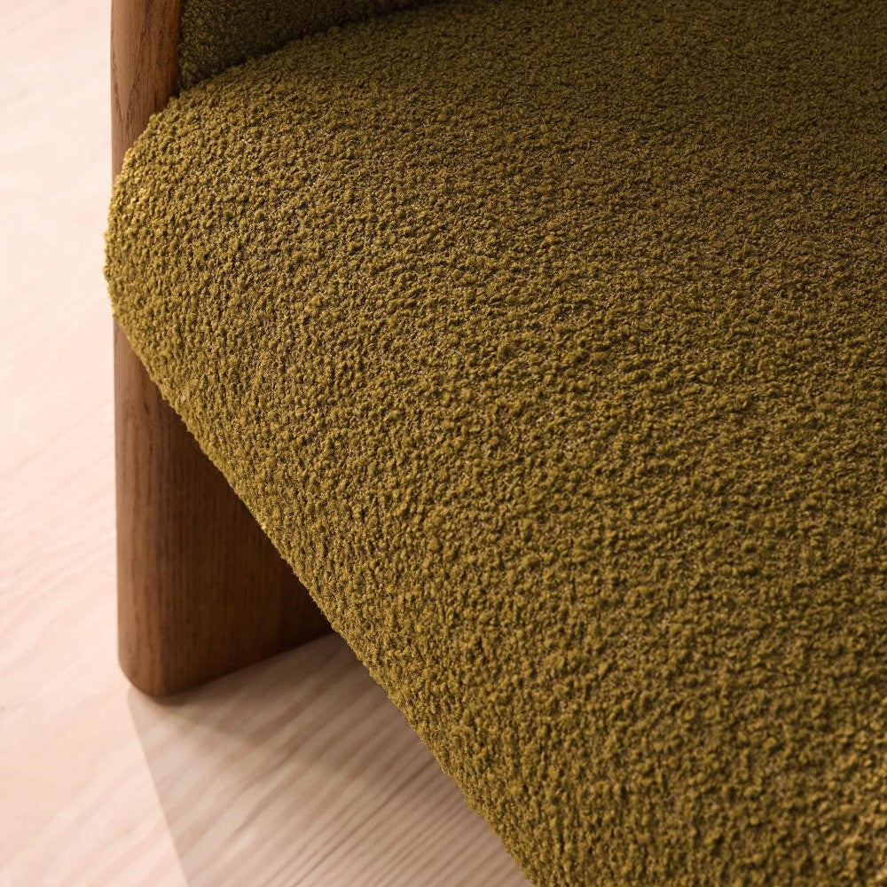 Green Textured Wool Boucle Fabric Curved Back Oak Wood Accent Lounge Chair
