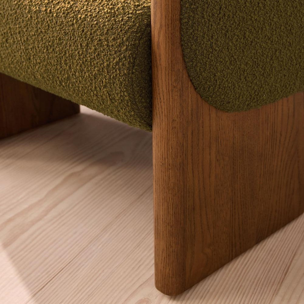 Green Textured Wool Boucle Fabric Curved Back Oak Wood Accent Lounge Chair