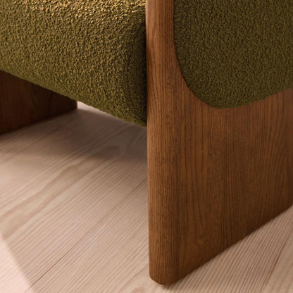 Green Textured Wool Boucle Fabric Curved Back Oak Wood Accent Lounge Chair