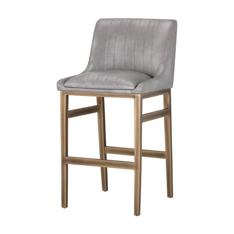 Grey Faux Leather Channel Tufted Tavern Bar Stool Bronze Metal Frame