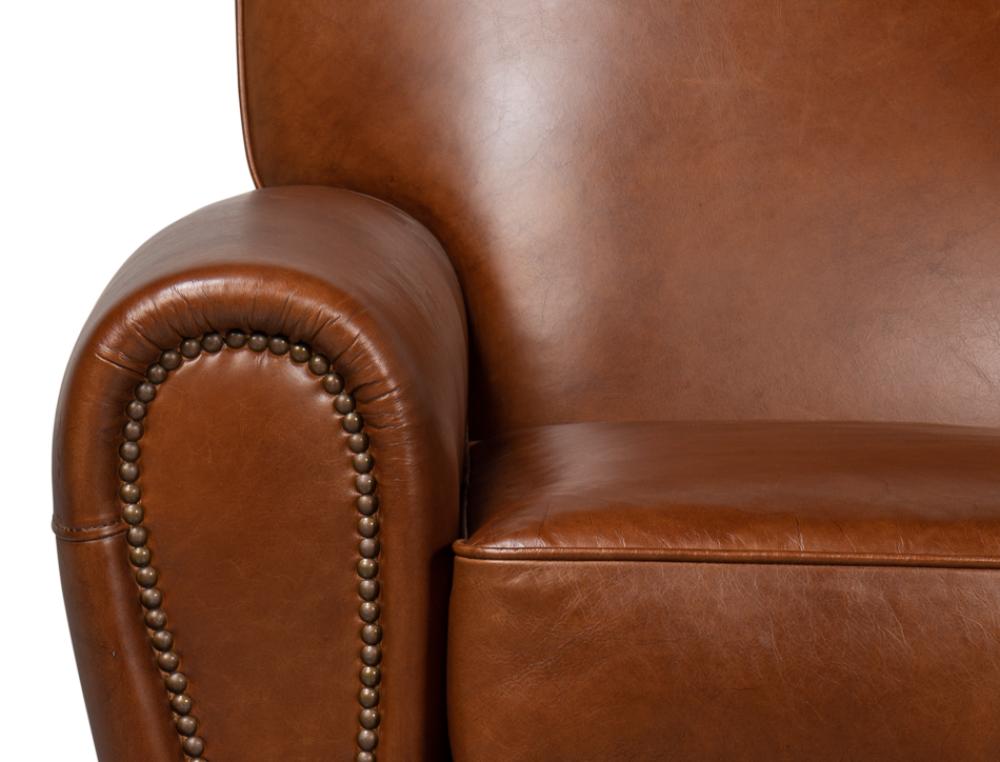 Havana Brown Leather French Club Swivel Chair with Brass Nailheads