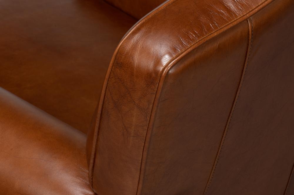 Havana Brown Leather French Club Swivel Chair with Brass Nailheads