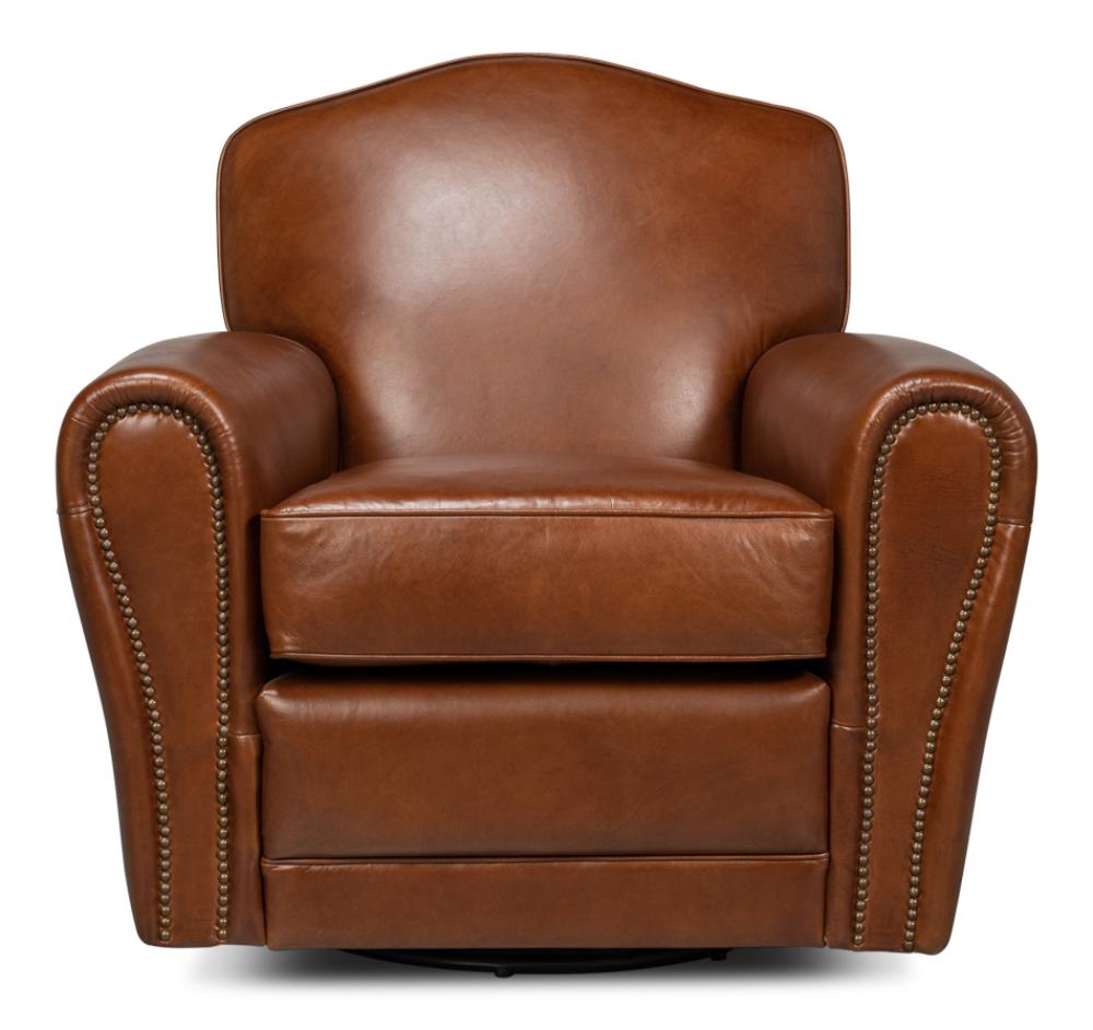 Havana Brown Leather French Club Swivel Chair with Brass Nailheads