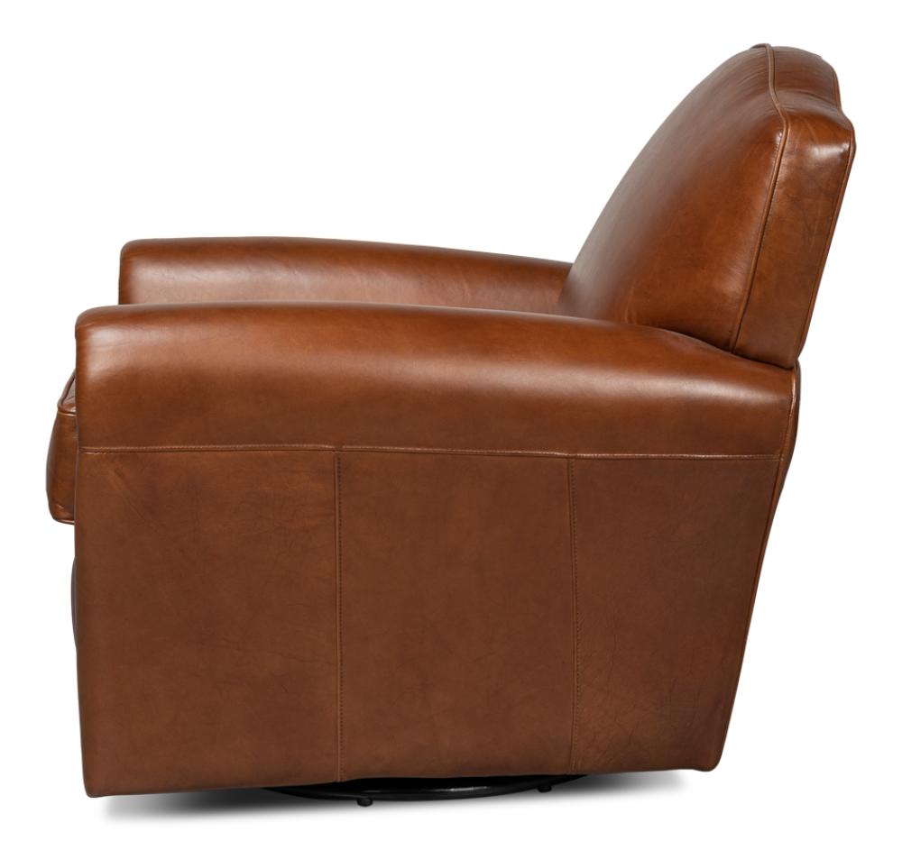 Havana Brown Leather French Club Swivel Chair with Brass Nailheads