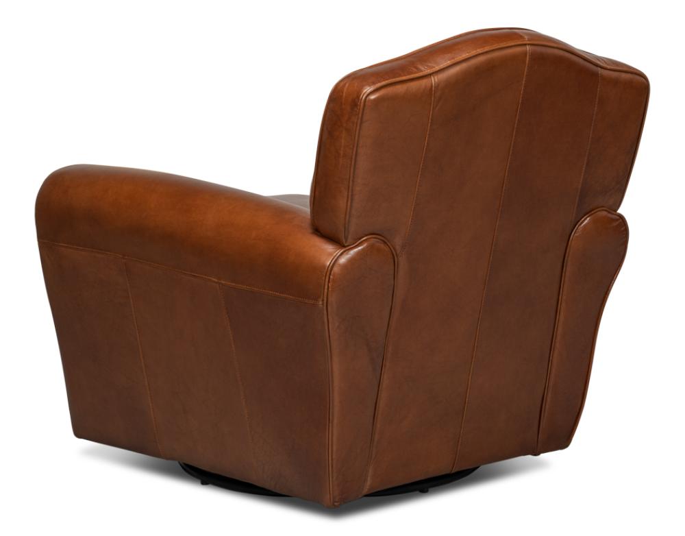 Havana Brown Leather French Club Swivel Chair with Brass Nailheads