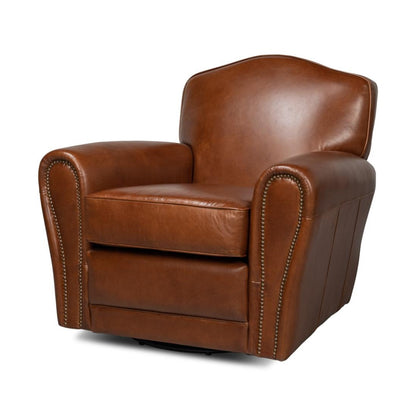 Havana Brown Leather French Club Swivel Chair with Brass Nailheads