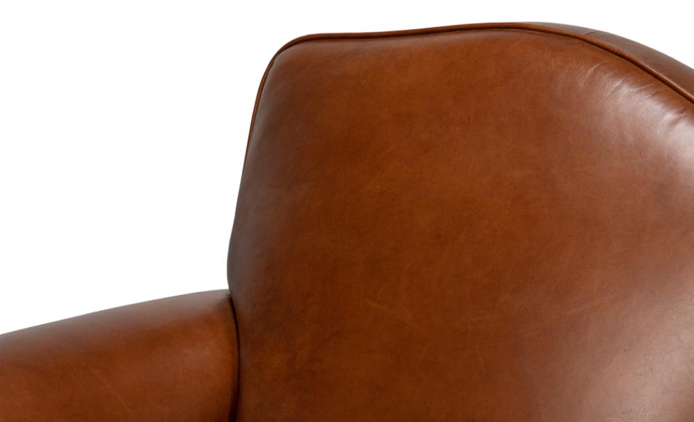 Havana Brown Leather French Club Swivel Chair with Brass Nailheads