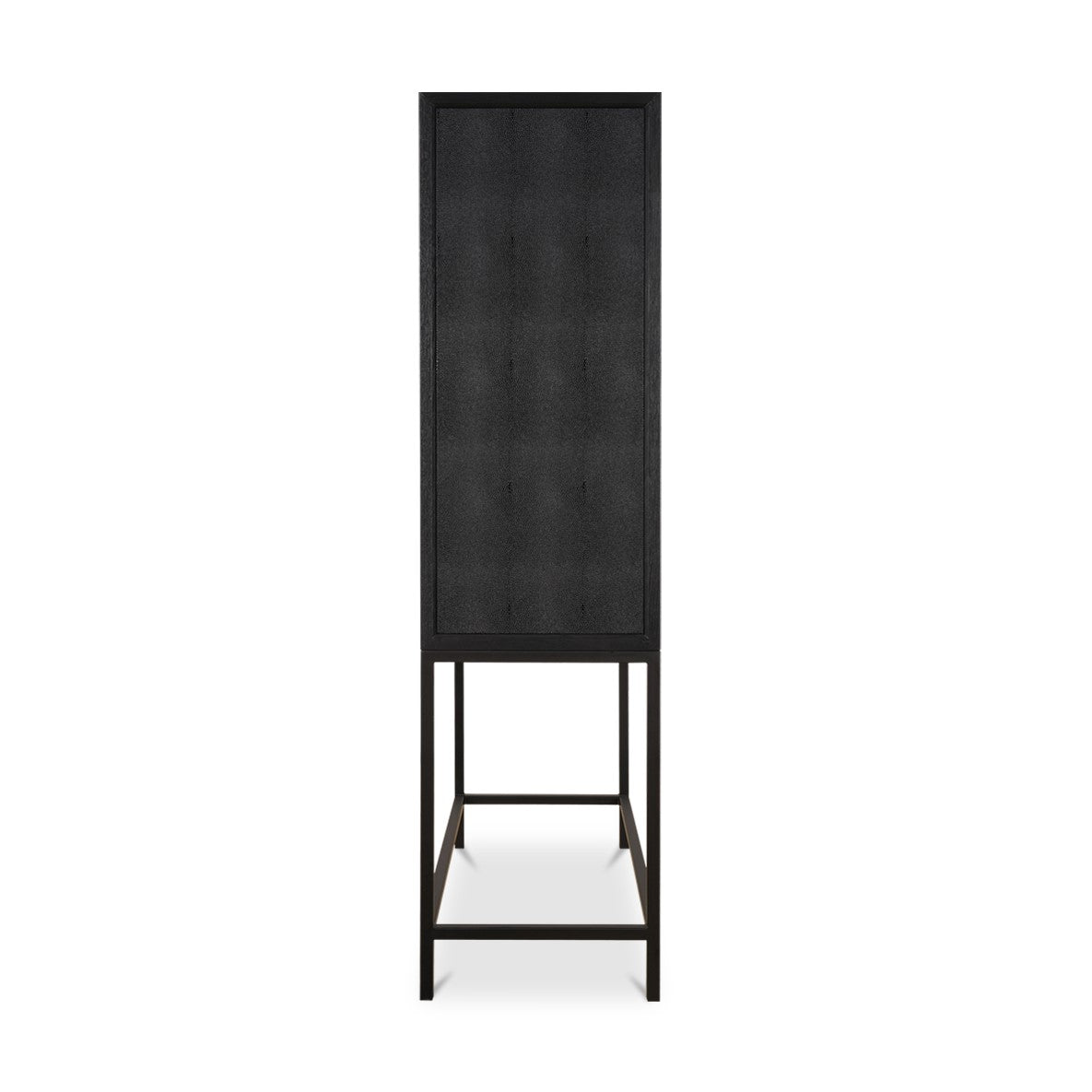 Hollywood Regency Black Shagreen & Black Solid Oak Wood Tall Bar Cabinet Metal Base 38 inch