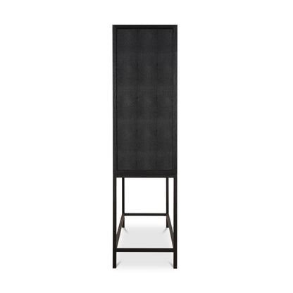 Hollywood Regency Black Shagreen & Black Solid Oak Wood Tall Bar Cabinet Metal Base 38 inch