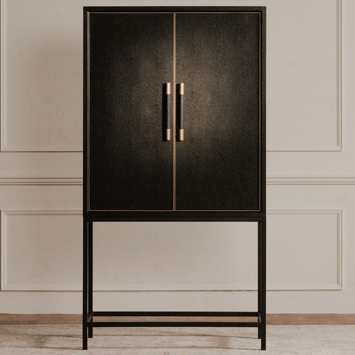 Hollywood Regency Black Shagreen & Black Solid Oak Wood Tall Bar Cabinet Metal Base 38 inch