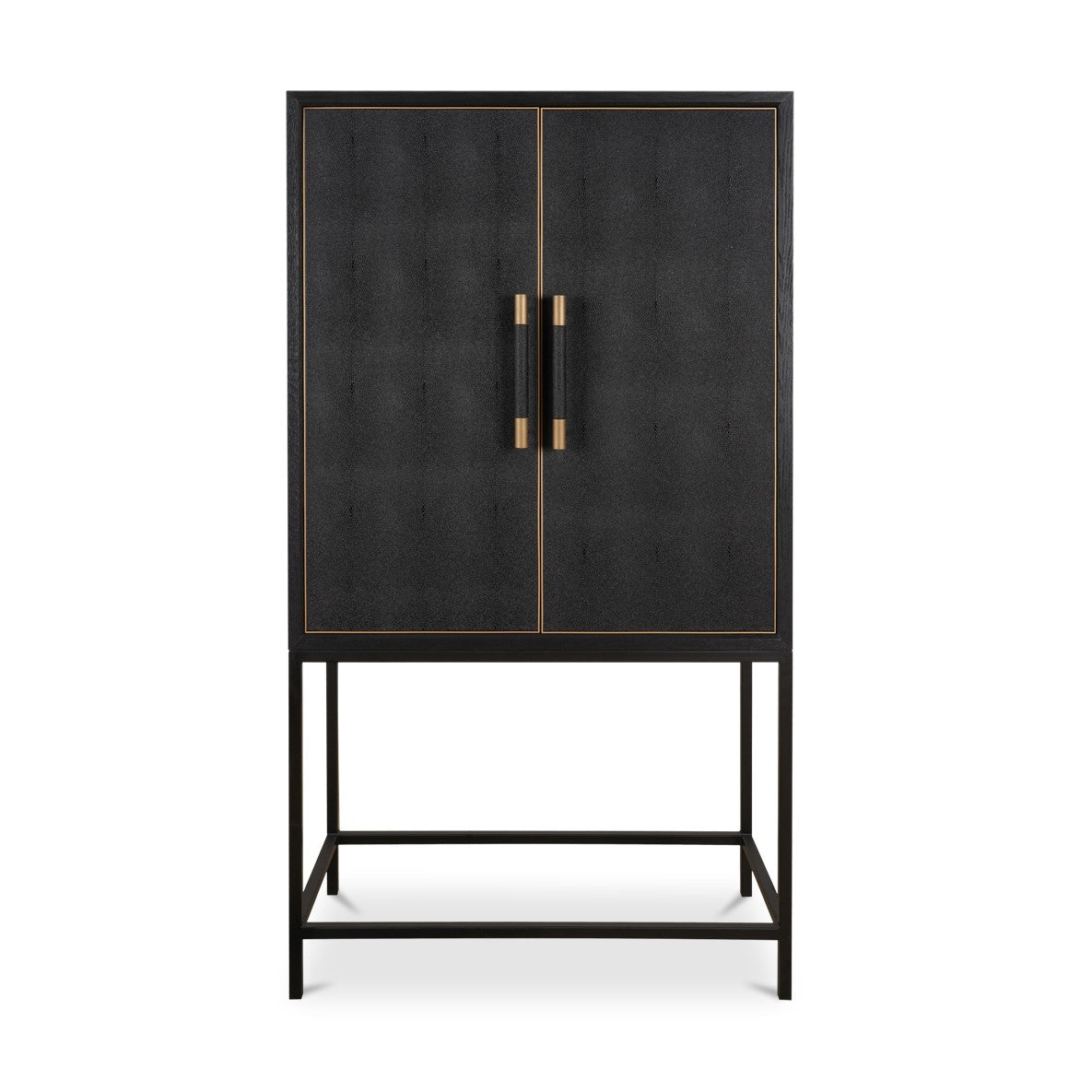 Hollywood Regency Black Shagreen & Black Solid Oak Wood Tall Bar Cabinet Metal Base 38 inch