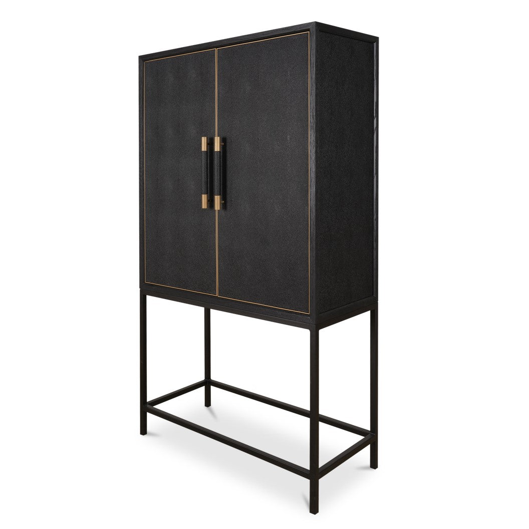 Hollywood Regency Black Shagreen & Black Solid Oak Wood Tall Bar Cabinet Metal Base 38 inch