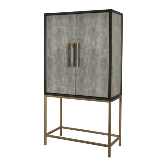 Hollywood Regency Gray Shagreen & Black Solid Oak Wood Tall Bar Cabinet Brass Base 38 inch