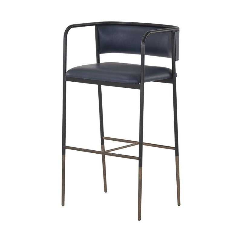 Industrial Loft Blue Faux Leather Curved Back Bar Stool Black Metal Frame