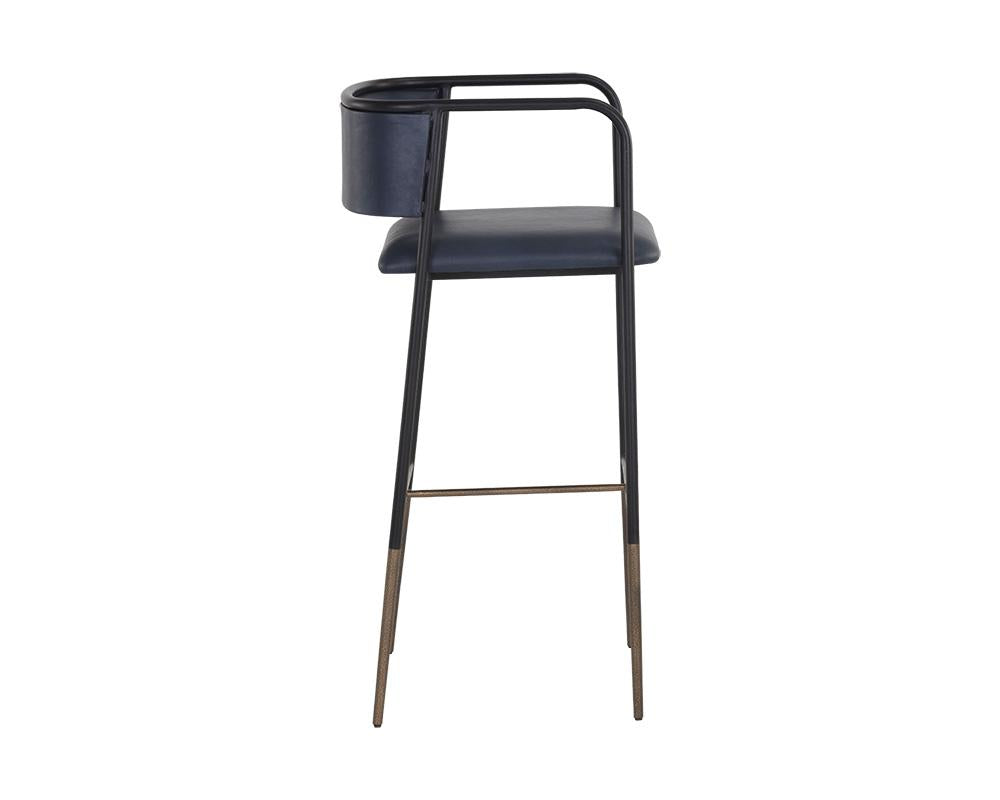 Industrial Loft Blue Faux Leather Curved Back Bar Stool Black Metal Frame