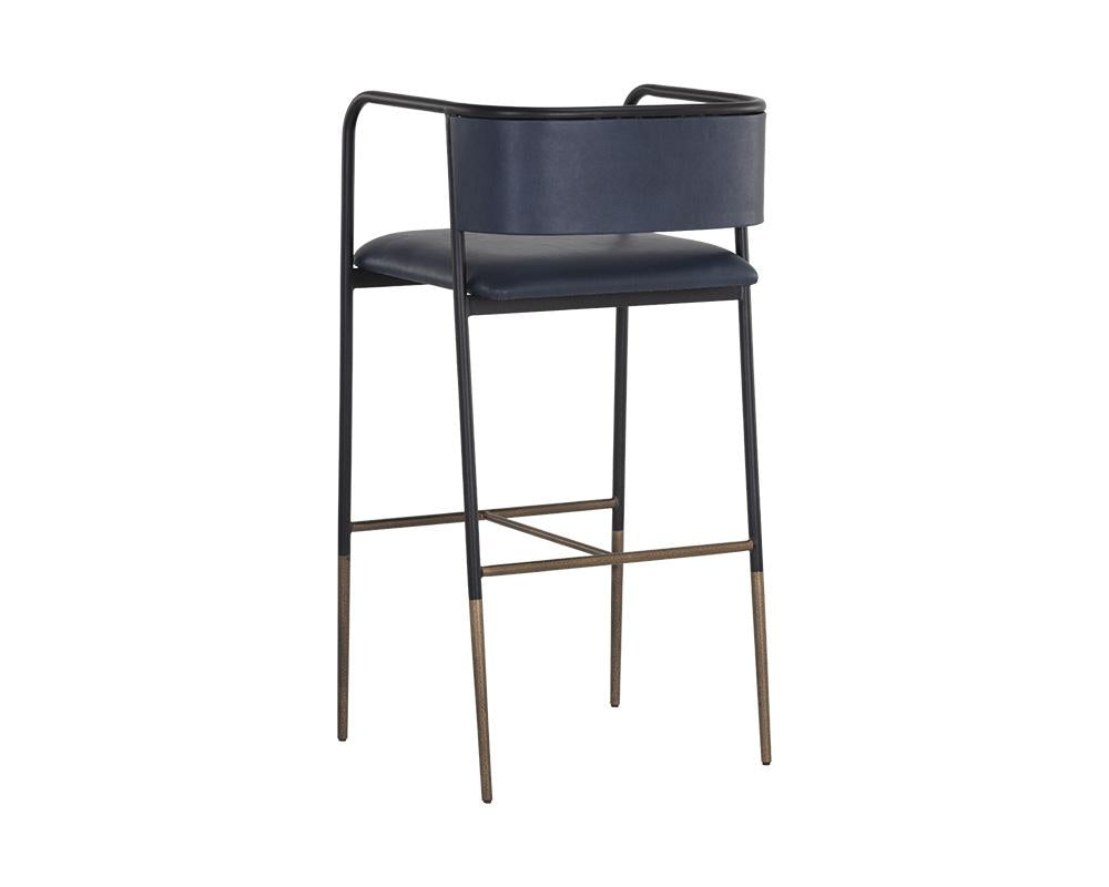 Industrial Loft Blue Faux Leather Curved Back Bar Stool Black Metal Frame