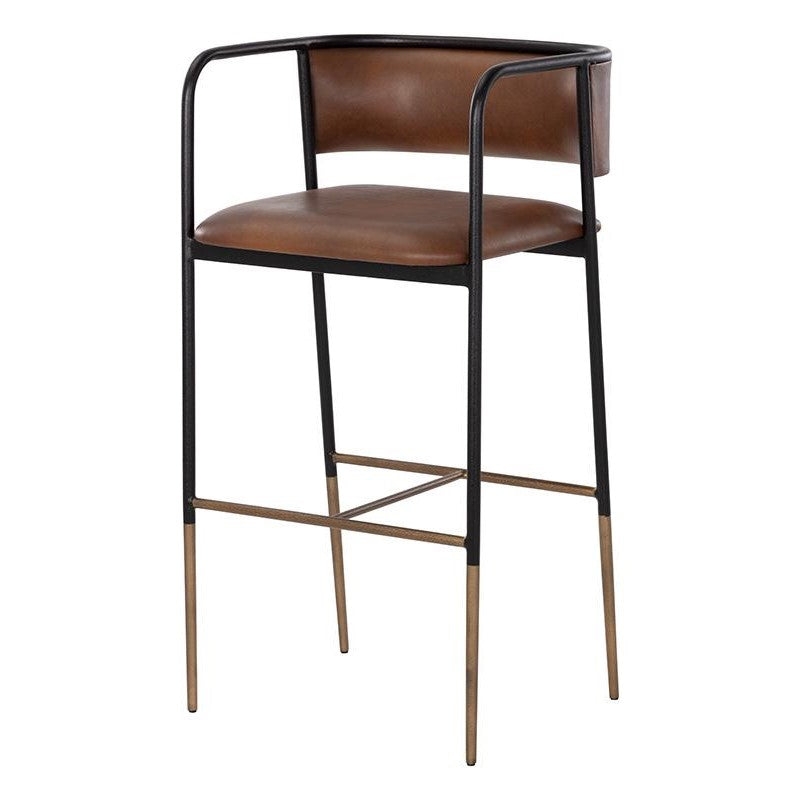 Industrial Loft Cognac Brown Faux Leather Curved Back Bar Stool Black Metal Frame