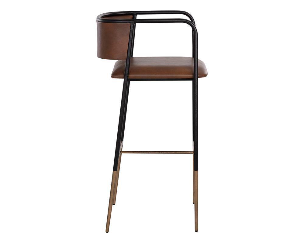 Industrial Loft Cognac Brown Faux Leather Curved Back Bar Stool Black Metal Frame