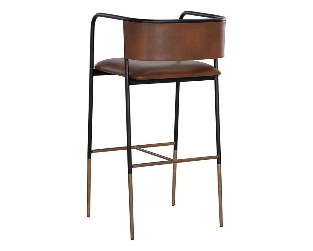 Industrial Loft Cognac Brown Faux Leather Curved Back Bar Stool Black Metal Frame