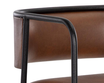 Industrial Loft Cognac Brown Faux Leather Curved Back Bar Stool Black Metal Frame