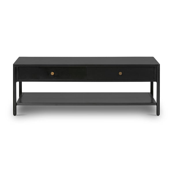 Industrial Style Two Drawer Rectangle Storage Coffee Table Black Iron 46 inch