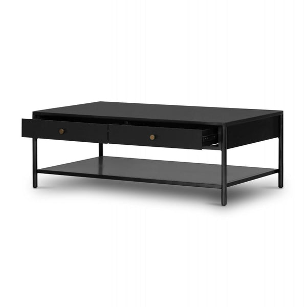 Industrial Style Two Drawer Rectangle Storage Coffee Table Black Iron 46 inch