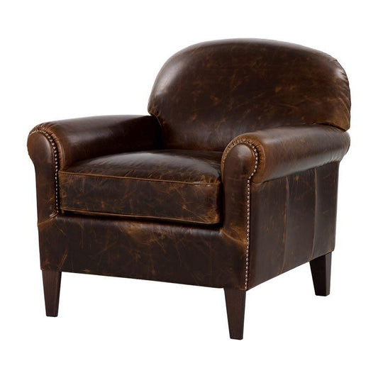 Italian Brown Leather Roll Arm Lounge Club Chair with Brass Nailheads