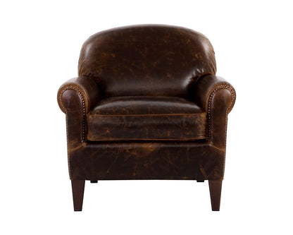 Italian Brown Leather Roll Arm Lounge Club Chair with Brass Nailheads