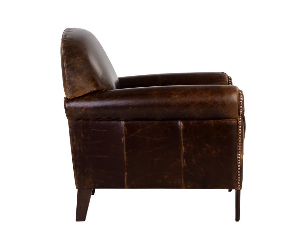 Italian Brown Leather Roll Arm Lounge Club Chair with Brass Nailheads