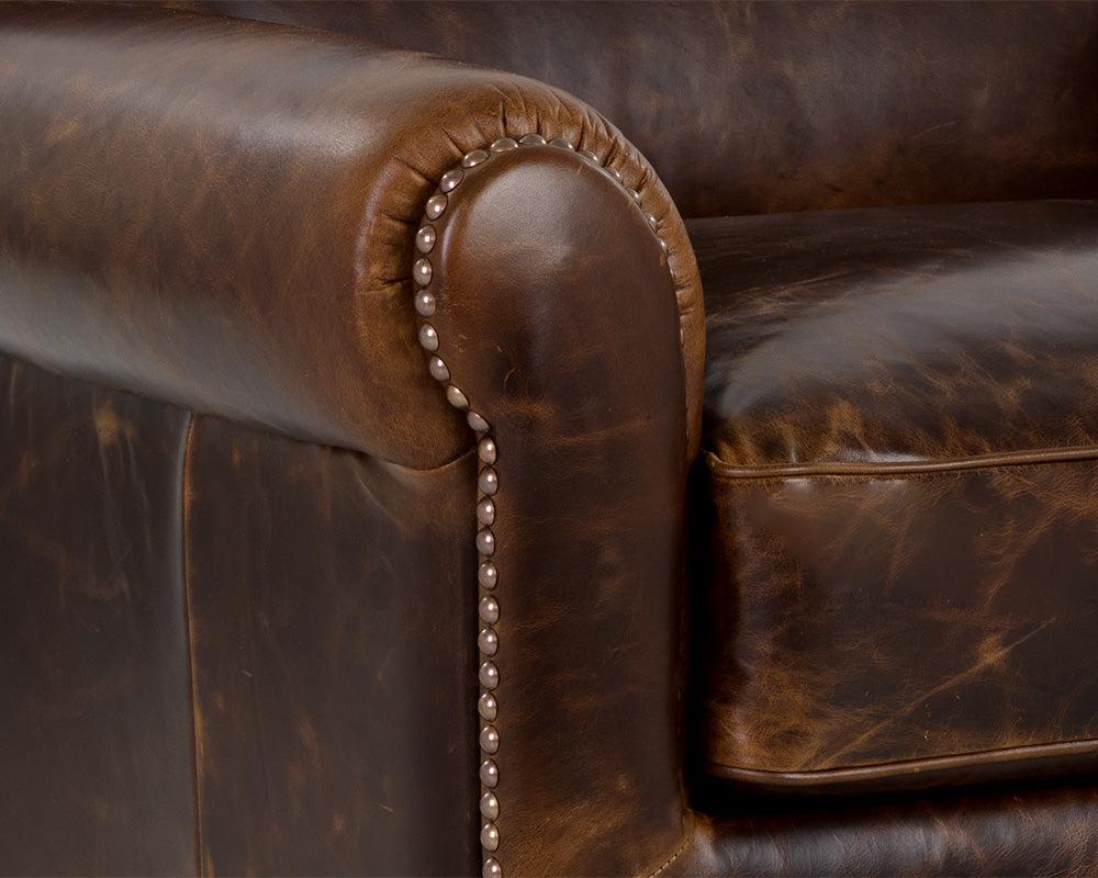 Italian Brown Leather Roll Arm Lounge Club Chair with Brass Nailheads