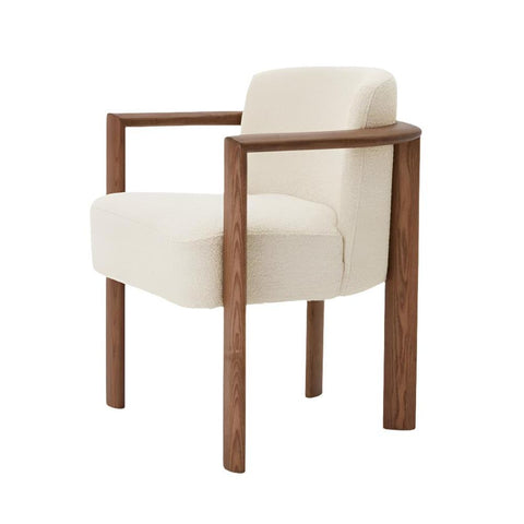 Italian Curved Back Armchair Dining Chair Cream Boucle Solid Ash Wood